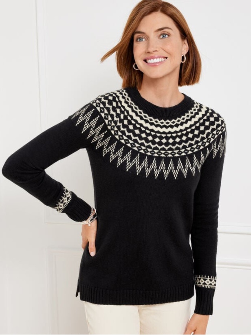 Talbots Black Crewneck Spirited Fair Isle Sweater Size XS NWT